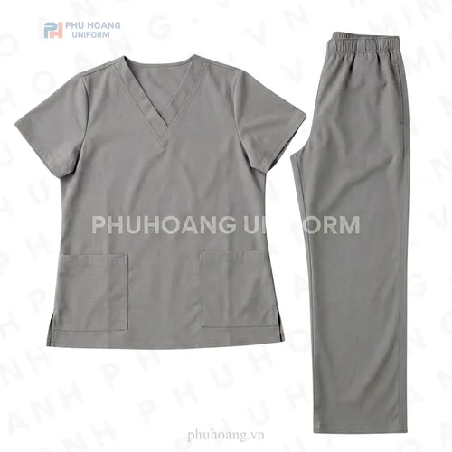 BỘ SCRUBS CỔ TIM MÀU XÁM