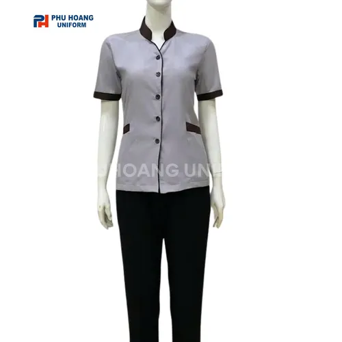 ÁO TẠP VỤ XÁM VIỀN NÂU