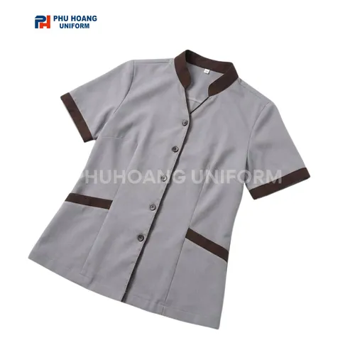 ÁO TẠP VỤ XÁM VIỀN NÂU