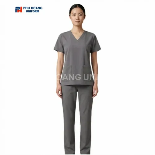 BỘ SCRUBS CỔ TIM MÀU GHI