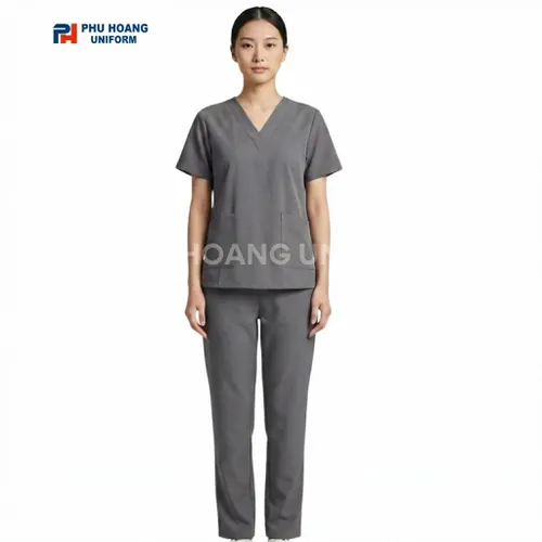 BỘ SCRUBS CỔ TIM MÀU GHI