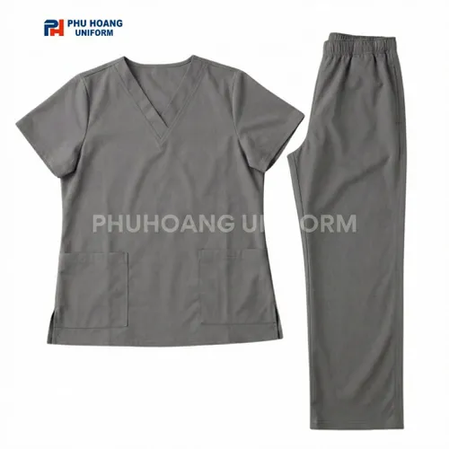 BỘ SCRUBS CỔ TIM MÀU GHI