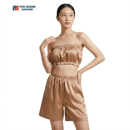 BỘ QUẦN ÁO QUÂY SPA NÚT BẤM MÀU VÀNG ĐỒNG