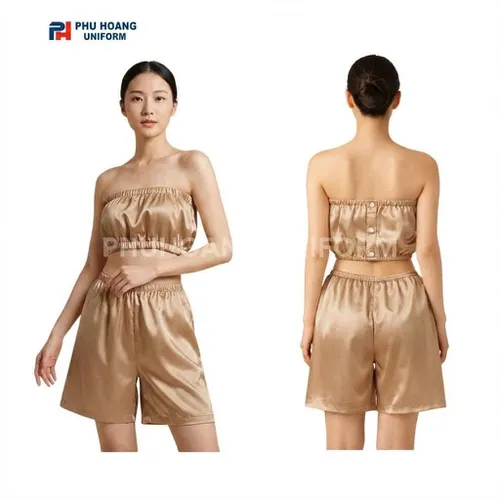 BỘ QUẦN ÁO QUÂY SPA NÚT BẤM MÀU VÀNG ĐỒNG