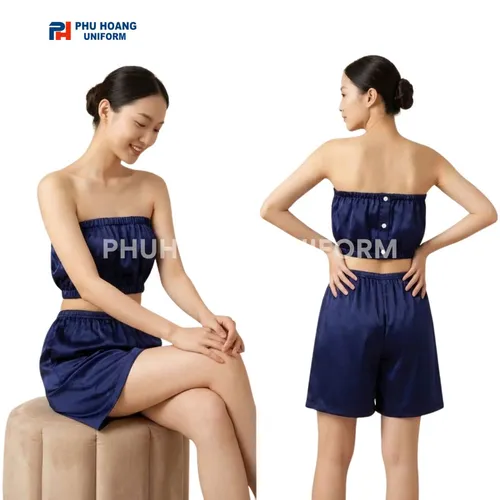 BỘ QUẦN ÁO QUÂY SPA NÚT BẤM XANH ĐEN