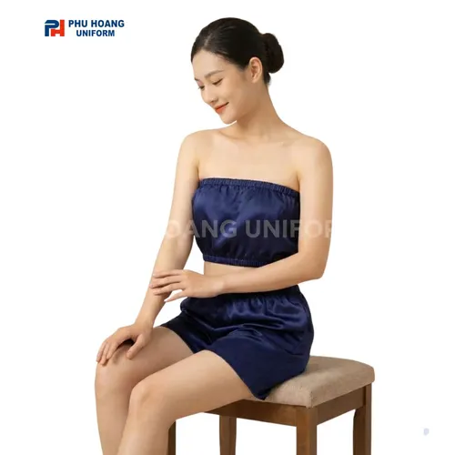 BỘ QUẦN ÁO QUÂY SPA NÚT BẤM XANH ĐEN