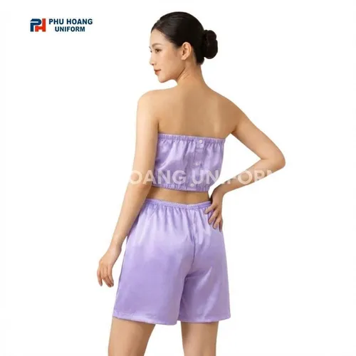 BỘ QUẦN ÁO QUÂY SPA NÚT BẤM MÀU TÍM ĐẬM