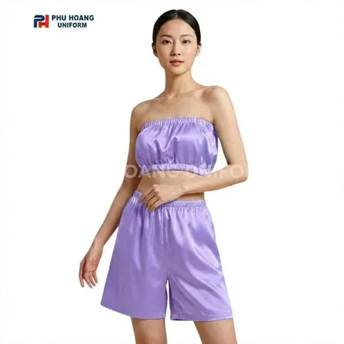 BỘ QUẦN ÁO QUÂY SPA NÚT BẤM MÀU TÍM ĐẬM