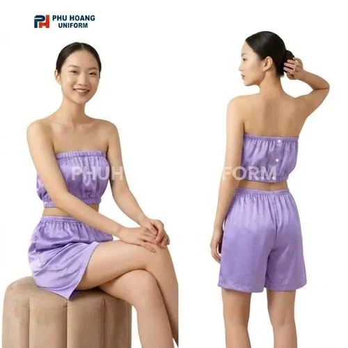 BỘ QUẦN ÁO QUÂY SPA NÚT BẤM MÀU TÍM ĐẬM