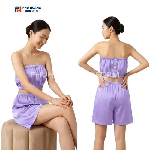 BỘ QUẦN ÁO QUÂY SPA NÚT BẤM MÀU TÍM ĐẬM