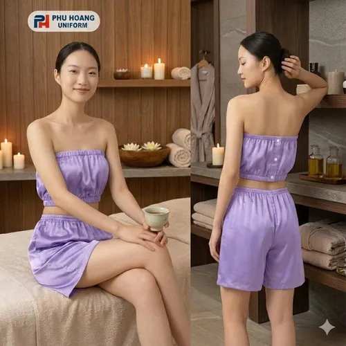 BỘ QUẦN ÁO QUÂY SPA NÚT BẤM MÀU TÍM ĐẬM