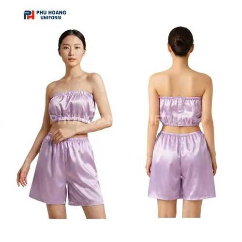 BỘ QUẦN ÁO QUÂY SPA NÚT BẤM TÍM PASTEL