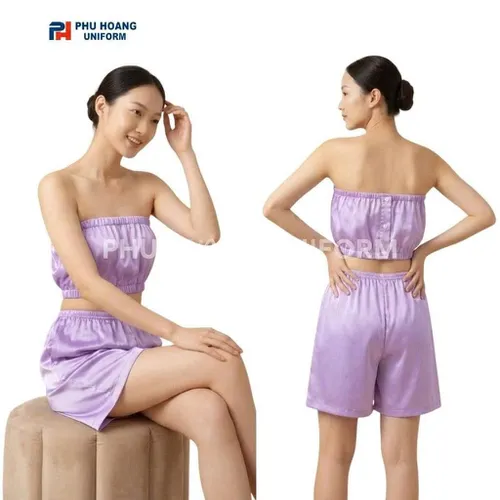 BỘ QUẦN ÁO QUÂY SPA NÚT BẤM TÍM PASTEL