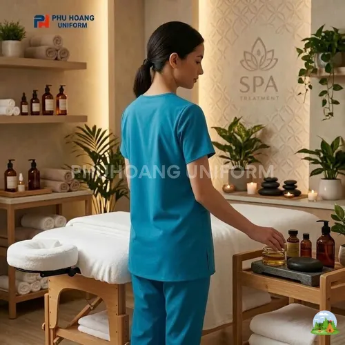 BỘ ĐỒ SPA CỔ TIM MÀU XANH ĐẬM