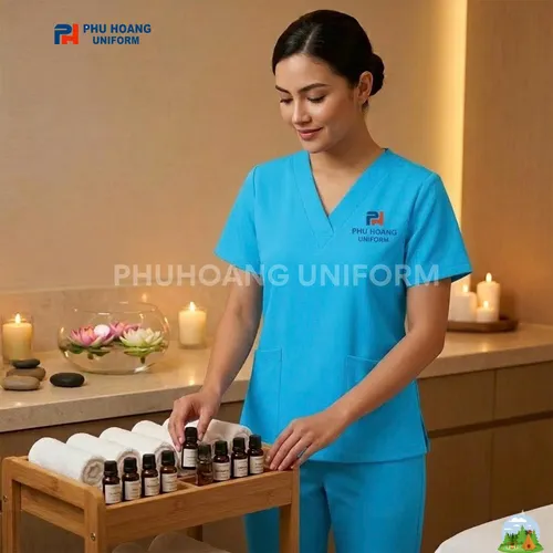 BỘ ĐỒ SPA CỔ TIM MÀU XANH SÁNG