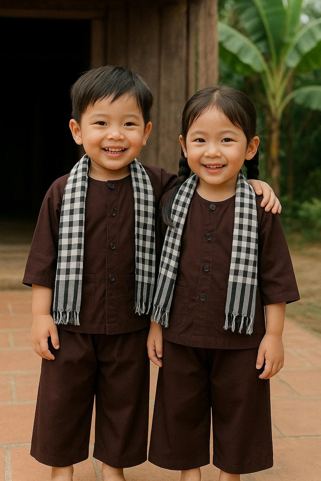 BỘ ĐỒ BÀ BA TRẺ EM MÀU NÂU MAY SẴN ST005