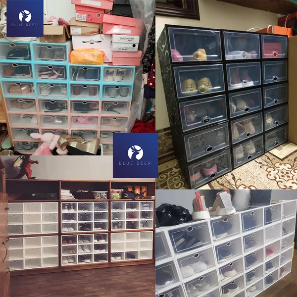 Hộp nhựa đựng giày trong suốt viền Xanh Dương - Tặng Túi Hút Ẩm - Blue Deer