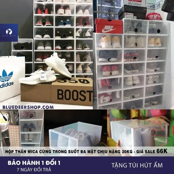 Hộp đựng giày mica trong suốt siêu cứng cáp chịu nặng 20kg - Tặng Túi Hút Ẩm - Blue Deer