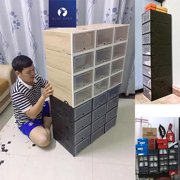 Hộp nhựa đựng giày nắp trong suốt Full Đen - Tặng Túi Hút Ẩm - Blue Deer