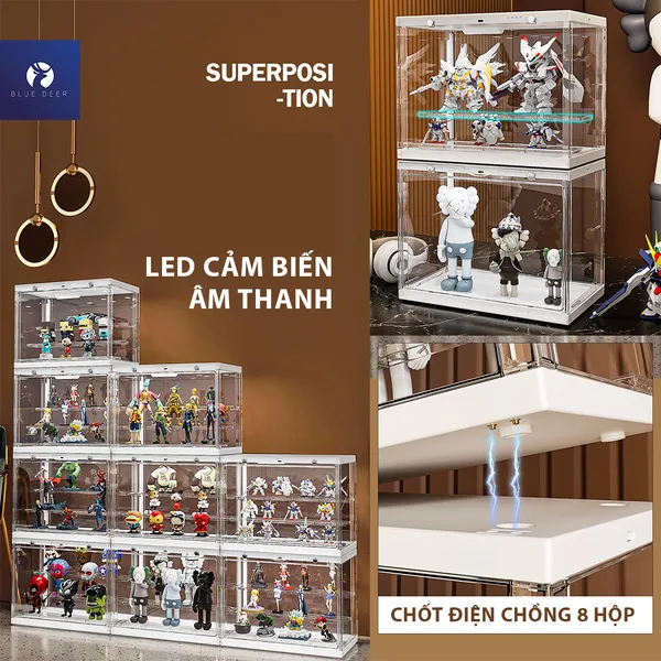 Hộp trưng bày mô hình, hộp đựng túi xách trong suốt có LED bật tự động chống bụi hiệu quả – BLUE DEER
