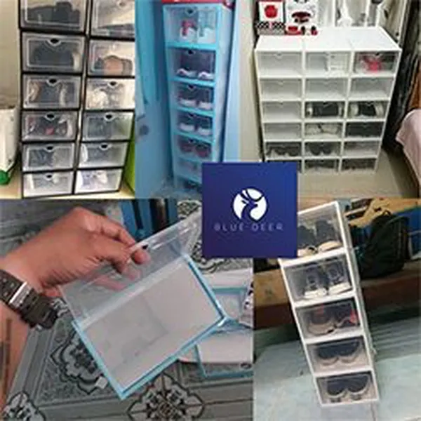 Hộp nhựa đựng giày trong suốt viền Xanh Dương - Tặng Túi Hút Ẩm - Blue Deer