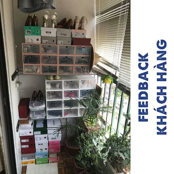 Hộp nhựa đựng giày trong suốt viền hồng - Tặng Túi Hút Ẩm - Blue Deer