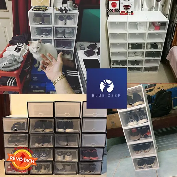 Combo 15 hộp nhựa đựng giày nhựa cứng trong suốt - 495K/ 15 box - Tặng Túi Hút Ẩm - Blue Deer