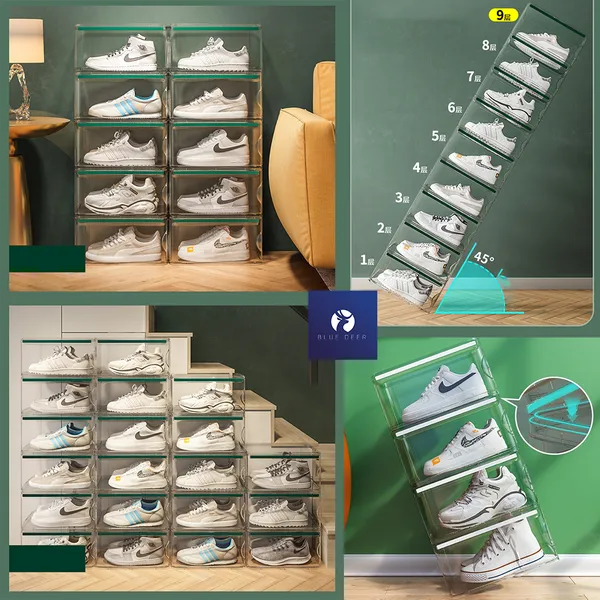 Hộp Đựng Giày nhựa cứng trong suốt Giày To Jordan Cao 17CM, hộp đựng giày sneaker ngang – BLUE DEER