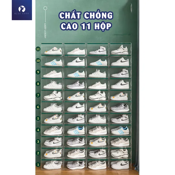 Hộp Đựng Giày nhựa cứng trong suốt Giày To Jordan Cao 17CM, hộp đựng giày sneaker ngang – BLUE DEER
