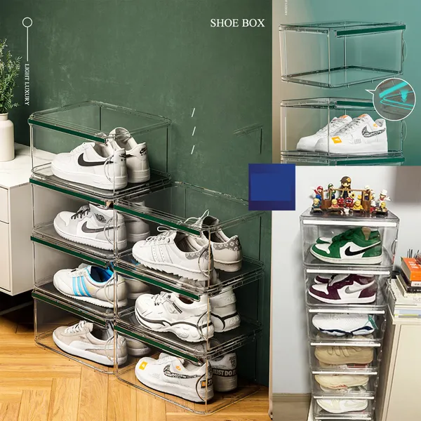 Hộp Đựng Giày nhựa cứng trong suốt Giày To Jordan Cao 17CM, hộp đựng giày sneaker ngang – BLUE DEER