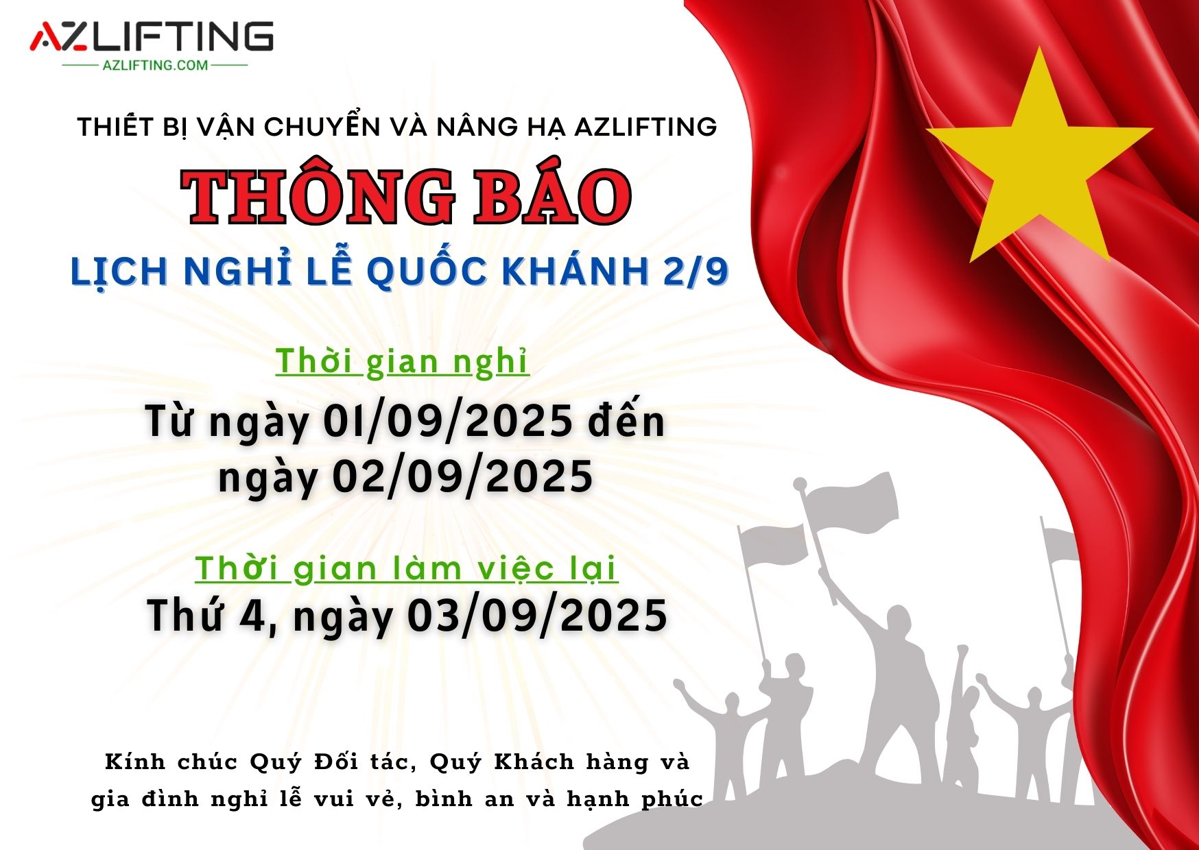 AZLIFTING THÔNG BÁO LỊCH NGHỈ LỄ QUỐC KHÁNH 2/9/2025 AZLIFTING THÔNG BÁO LỊCH NGHỈ LỄ QUỐC KHÁNH 2/9/2025