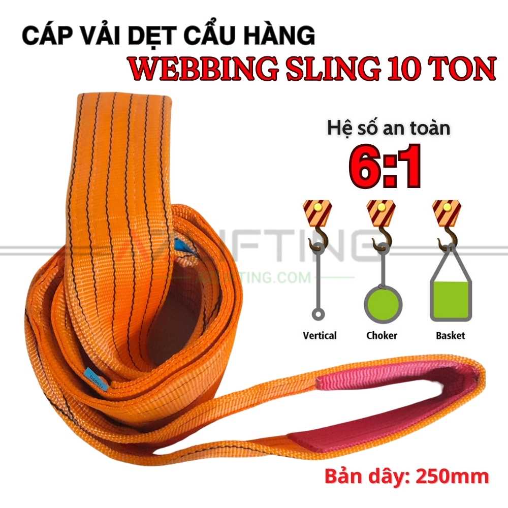 Cáp vải cẩu hàng bản dẹt 10 tấn 2 đầu mắt 6:1 Cáp vải cẩu hàng bản dẹt 10 tấn 2 đầu mắt 6:1
