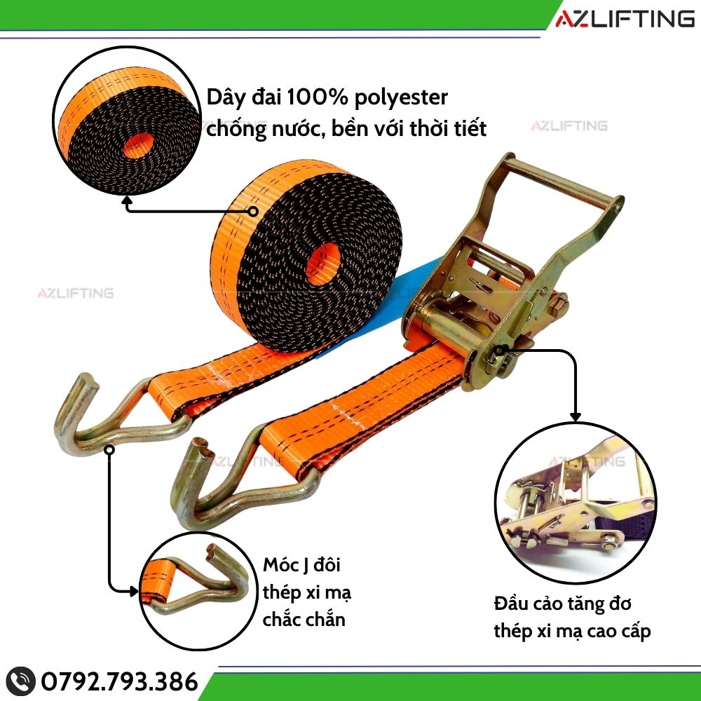 Cấu tạo Dây chằng hàng tăng đơ bản 35mm móc J tải 2 tấn Cấu tạo Dây chằng hàng tăng đơ bản 35mm móc J tải 2 tấn