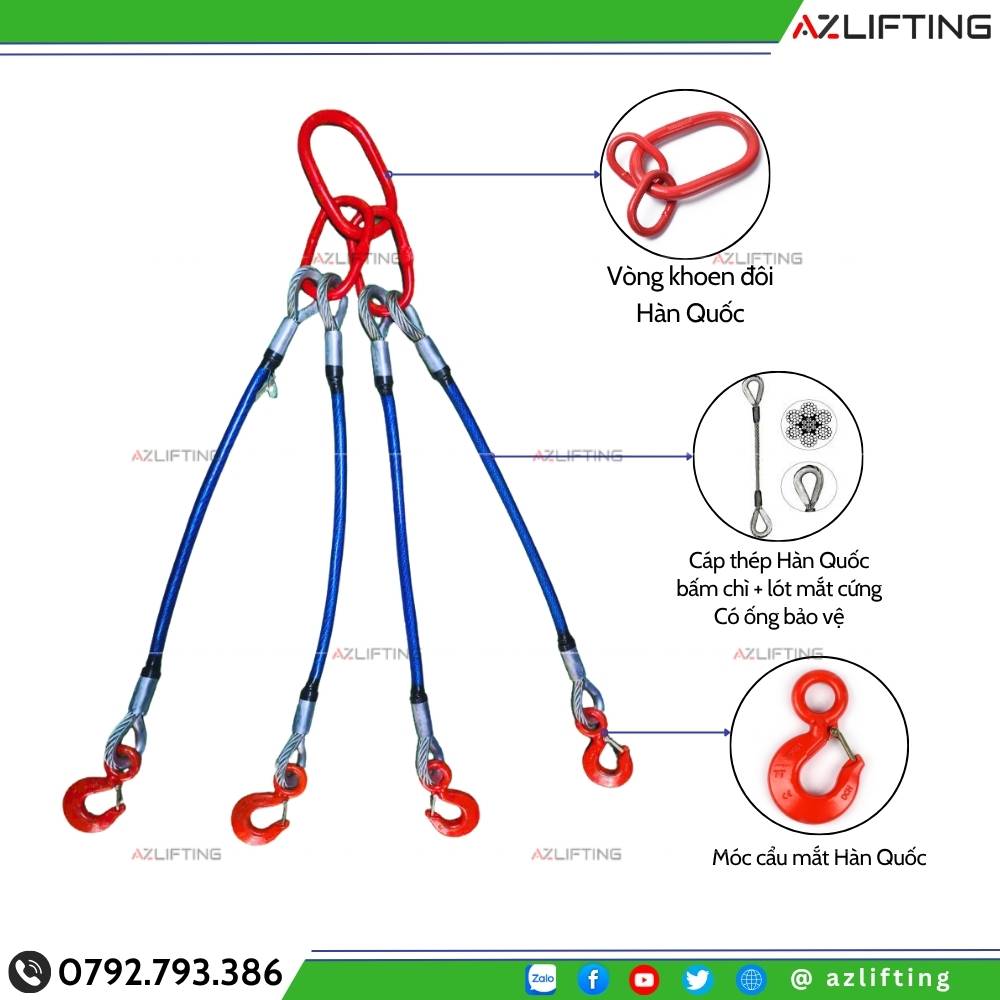 Cấu tạo sling cáp thép Hàn Quốc cẩu hàng 4 nhánh Cấu tạo sling cáp thép Hàn Quốc cẩu hàng 4 nhánh