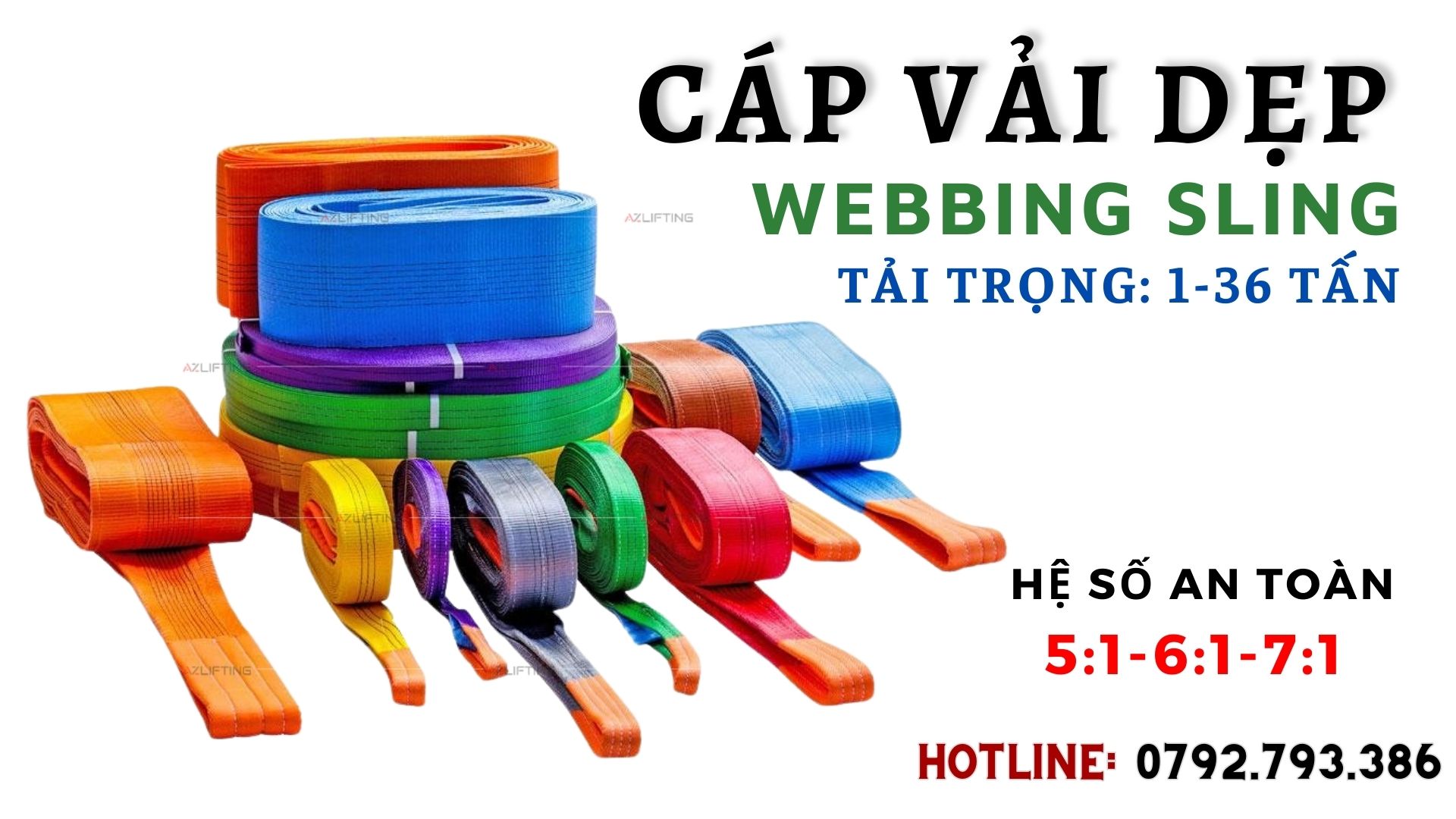 Cáp vải cẩu hàng bản dẹt hệ số 5:1 Cáp vải cẩu hàng bản dẹt hệ số 5:1