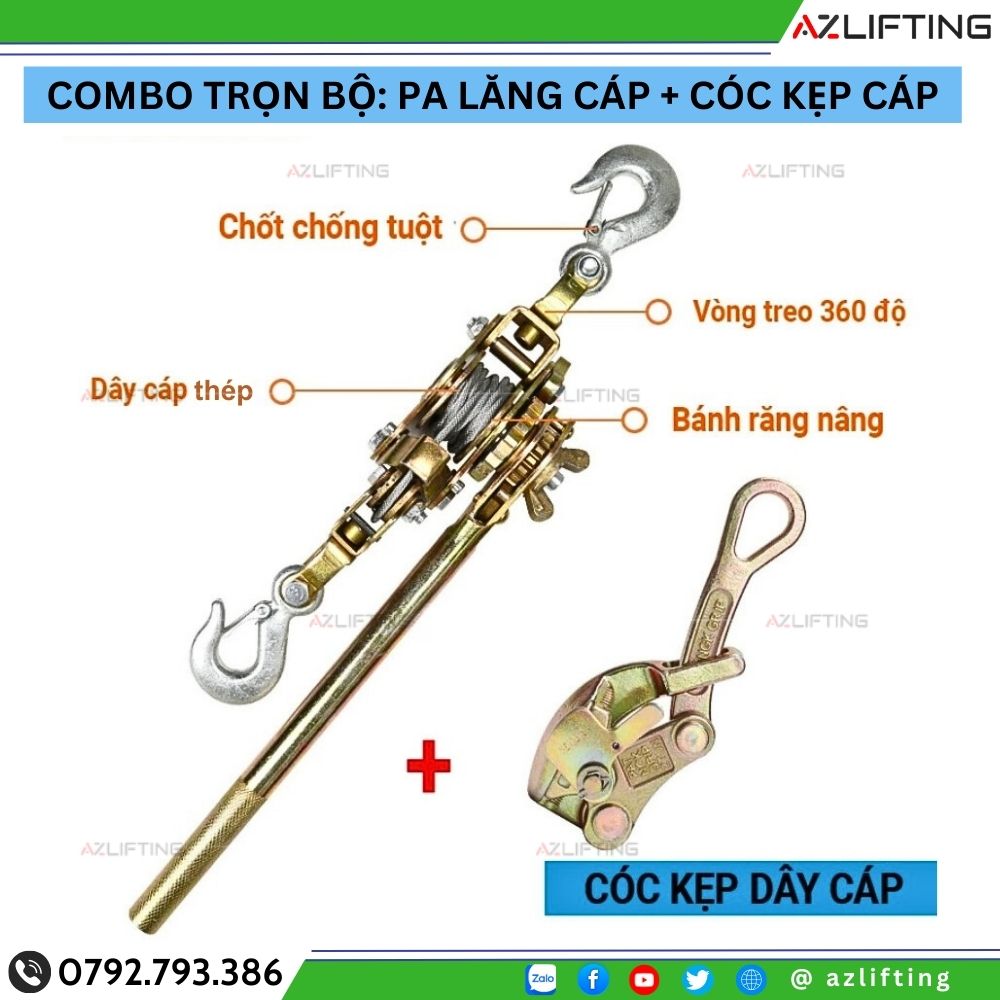 Combo trọn bộ pa lăng cáp lắc tay 1 tấn, 2 tấn, 3 tấn Combo trọn bộ pa lăng cáp lắc tay 1 tấn, 2 tấn, 3 tấn