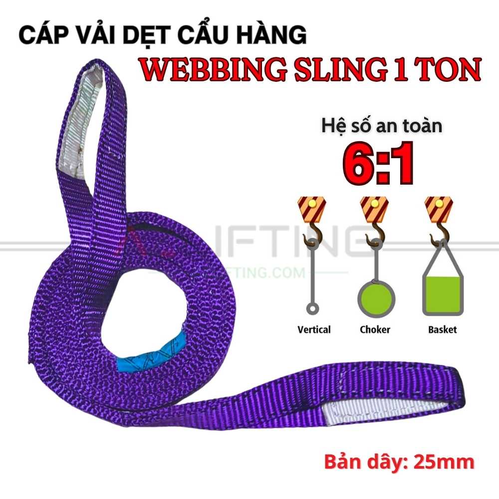 Cáp vải cẩu hàng bản dẹt 1 tấn 2 đầu mắt 6:1 Cáp vải cẩu hàng bản dẹt 1 tấn 2 đầu mắt 6:1