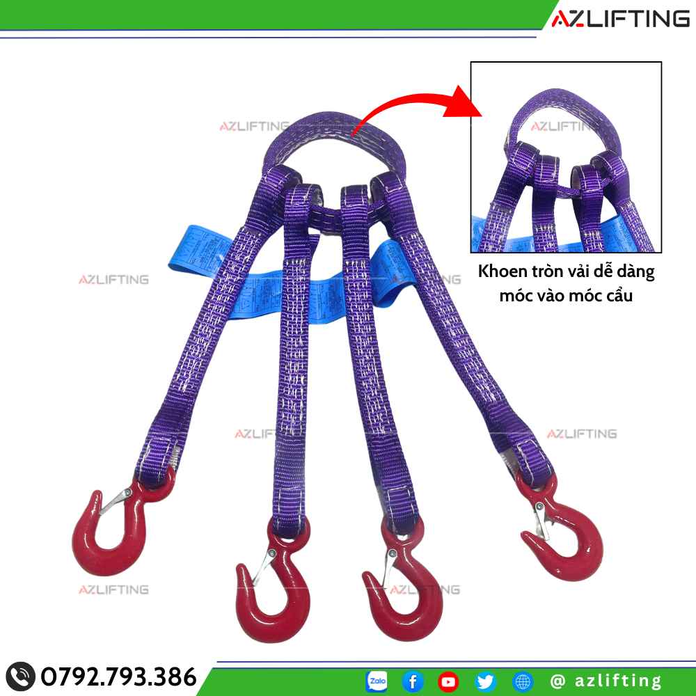 Sling cáp vải 4 chân khoen tròn vải ứng dụng linh hoạt Sling cáp vải 4 chân khoen tròn vải ứng dụng linh hoạt