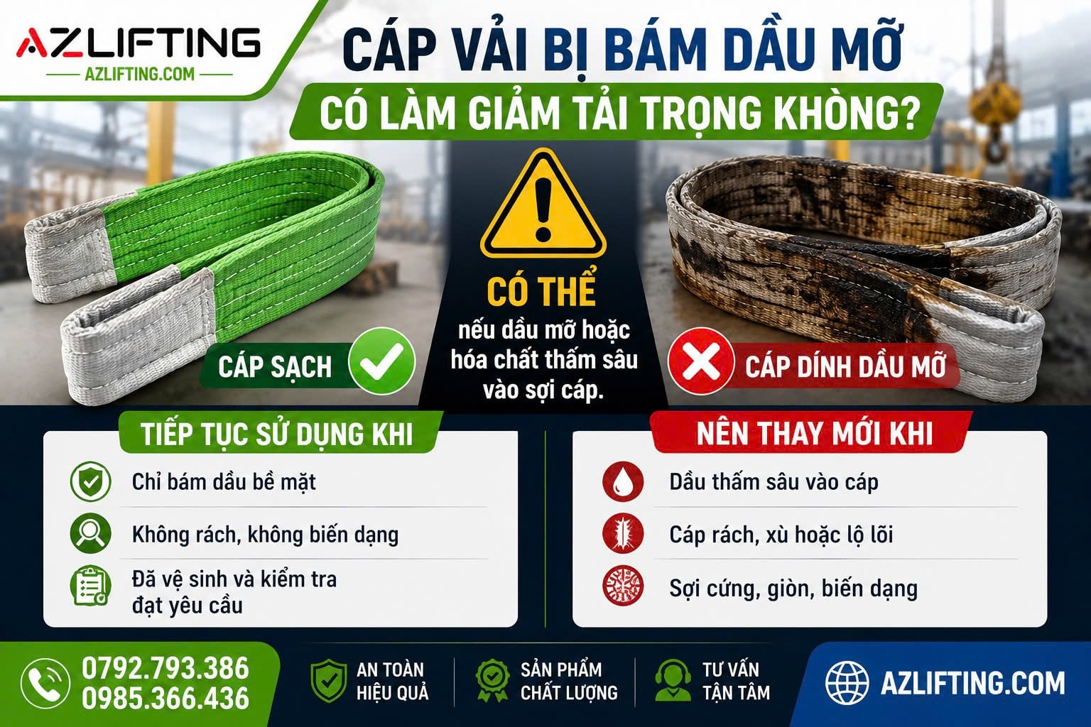 Cáp Vải Bị Bẩn Dầu Mỡ Có Ảnh Hưởng Tải Trọng Không? Khi Nào Cần Thay Thế? Cáp Vải Bị Bẩn Dầu Mỡ Có Ảnh Hưởng Tải Trọng Không? Khi Nào Cần Thay Thế?