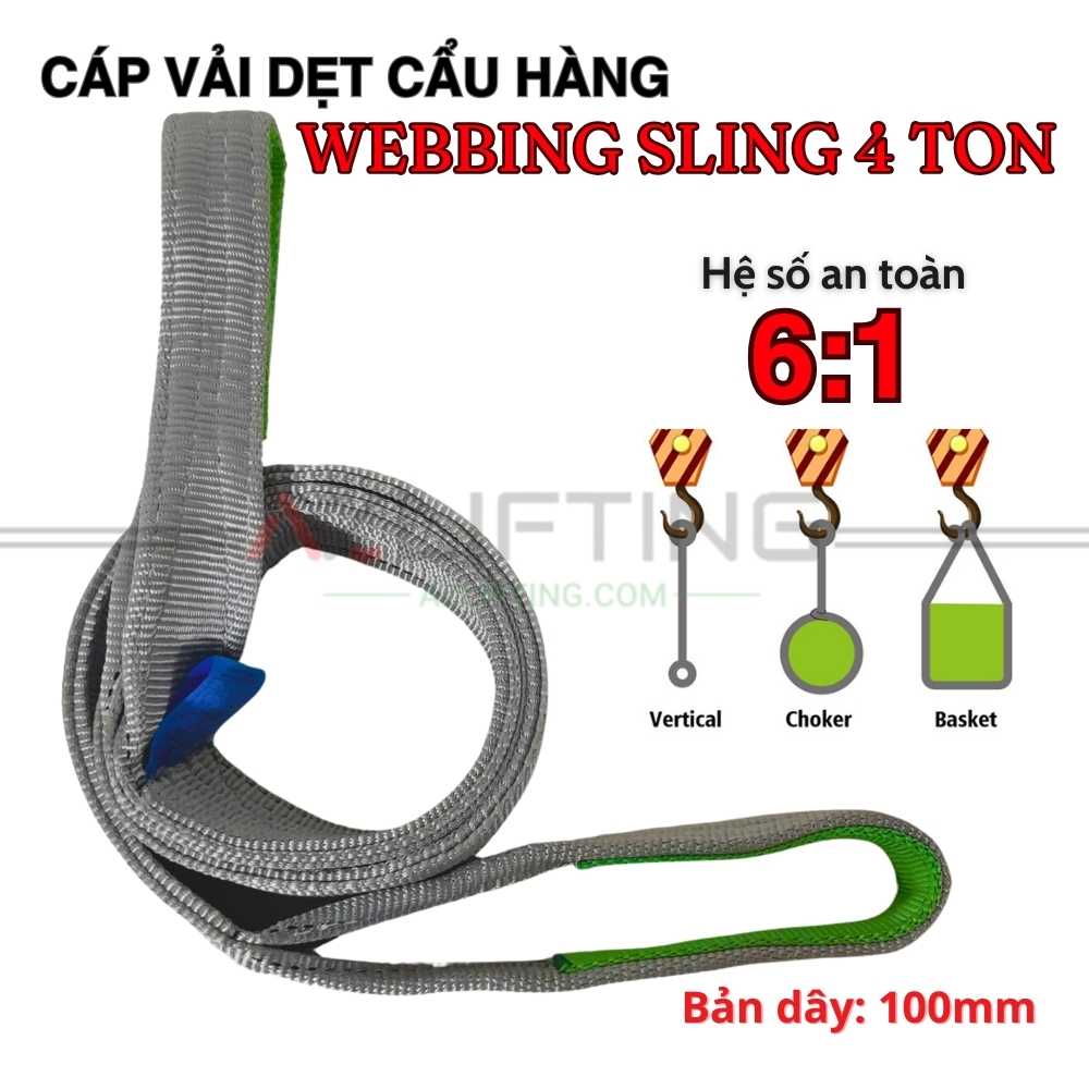 Cáp vải cẩu hàng bản dẹt 4 tấn 2 đầu mắt 6:1 Cáp vải cẩu hàng bản dẹt 4 tấn 2 đầu mắt 6:1