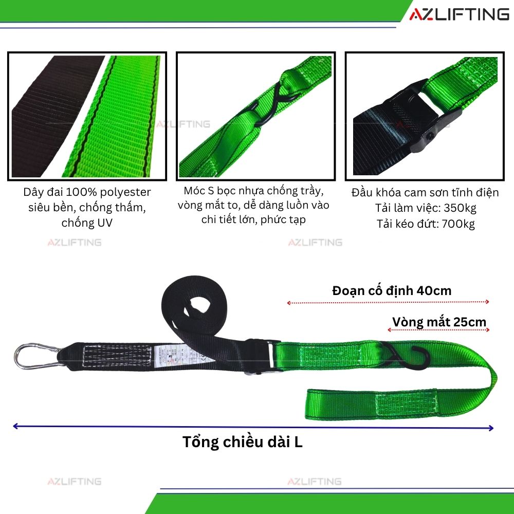 Cấu tạo Dây Chằng Hàng Khóa Cam 700kg Bản 35mm Móc S & Vòng mắt Cấu tạo Dây Chằng Hàng Khóa Cam 700kg Bản 35mm Móc S & Vòng mắt