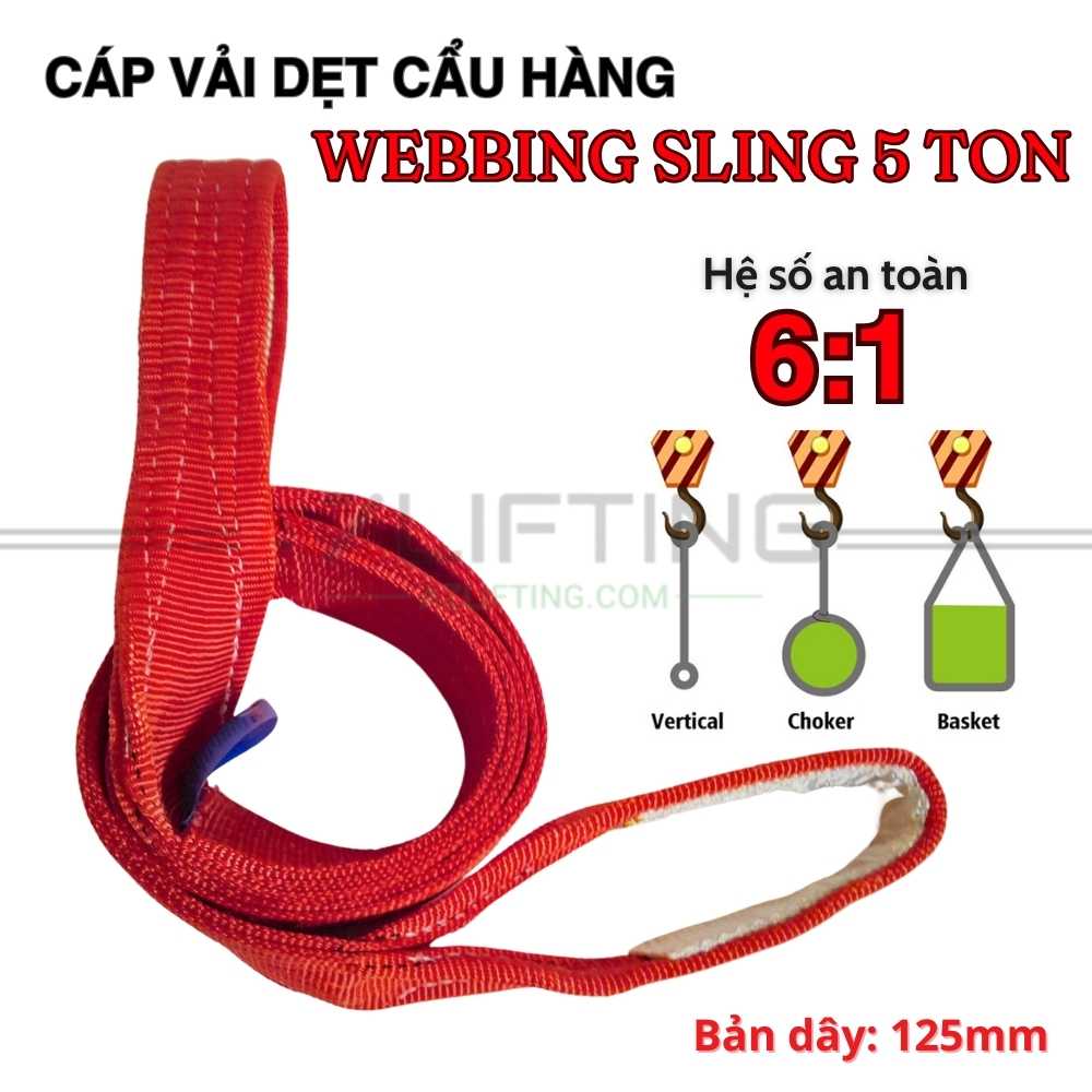 Cáp vải cẩu hàng bản dẹt 5 tấn 2 đầu mắt 6:1 Cáp vải cẩu hàng bản dẹt 5 tấn 2 đầu mắt 6:1