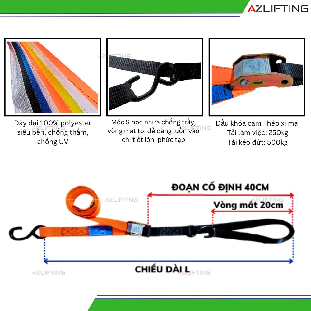 Thông số chi tiết Dây chằng hàng khóa cam 500kg bản 25mm móc S & vòng mắt – đầu khóa thép Thông số chi tiết Dây chằng hàng khóa cam 500kg bản 25mm móc S & vòng mắt – đầu khóa thép