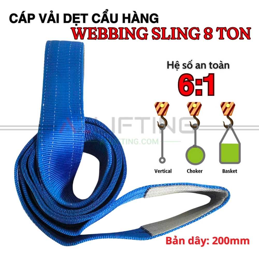 Cáp vải cẩu hàng bản dẹt 8 tấn 2 đầu mắt 6:1 Cáp vải cẩu hàng bản dẹt 8 tấn 2 đầu mắt 6:1