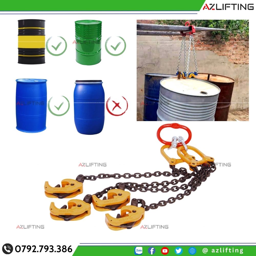 Ứng dụng thực tế Dây xích cẩu thùng phuy chuyên dụng Ứng dụng thực tế Dây xích cẩu thùng phuy chuyên dụng