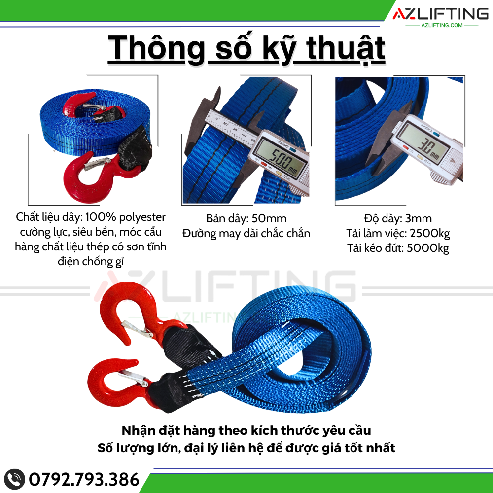 Cáp vải kéo ô tô 5 tấn dài 5–12m, 2 móc chắc chắn – chuyên kéo xe, kéo pallet, thùng hàng xe tải, container, bền bỉ, an toàn, dễ sử dụng.