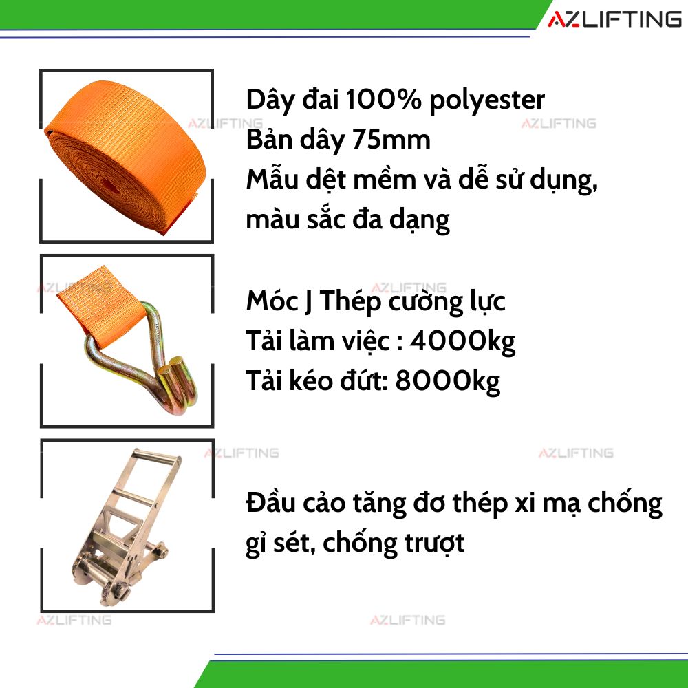 cấu tạo sản phẩm Dây chằng hàng tăng đơ bản 75mm 8 tấn móc J cấu tạo sản phẩm Dây chằng hàng tăng đơ bản 75mm 8 tấn móc J