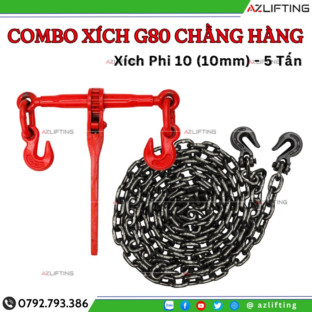 Combo Xích G80 Chằng Hàng Xe Container, Rơ Mooc 10li Combo Xích G80 Chằng Hàng Xe Container, Rơ Mooc 10li