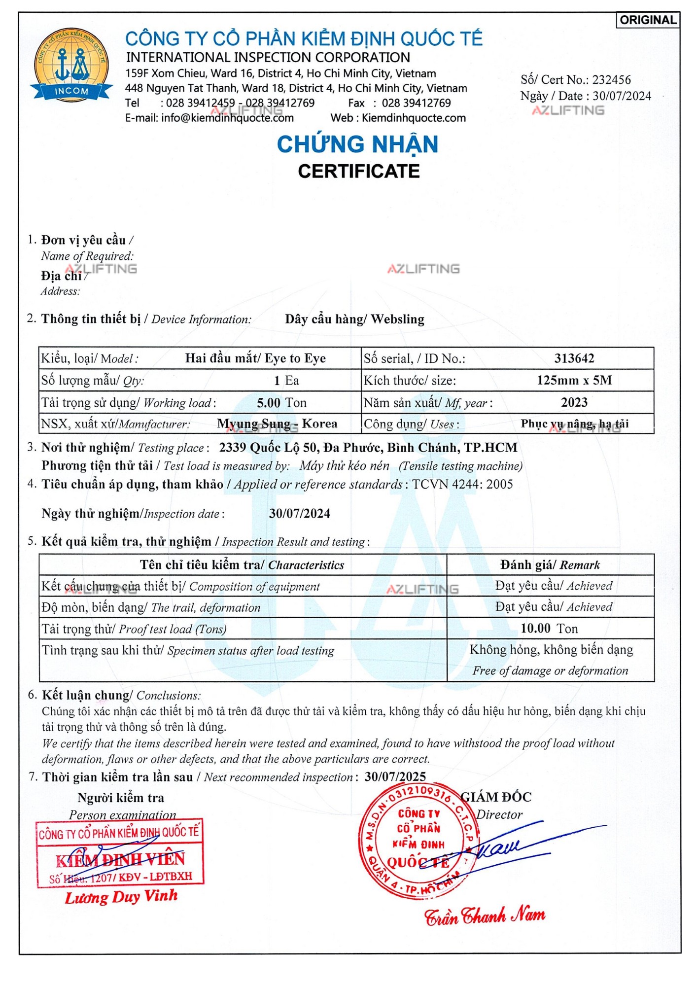 kiểm định Dây cáp vải cẩu hàng bản dẹt Hàn Quốc kiểm định Dây cáp vải cẩu hàng bản dẹt Hàn Quốc