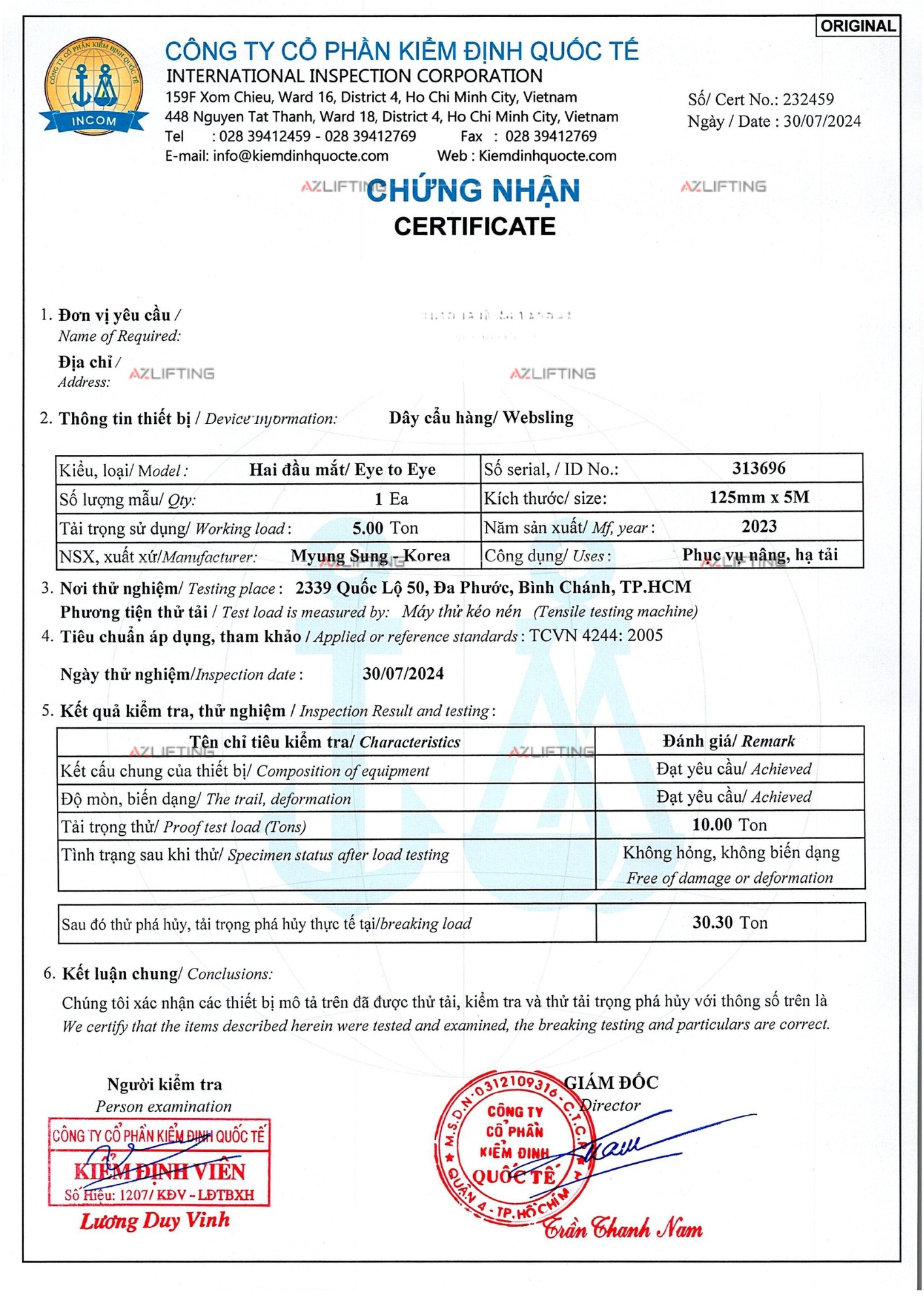 kiểm định Dây cáp vải cẩu hàng bản dẹt Hàn Quốc kiểm định Dây cáp vải cẩu hàng bản dẹt Hàn Quốc